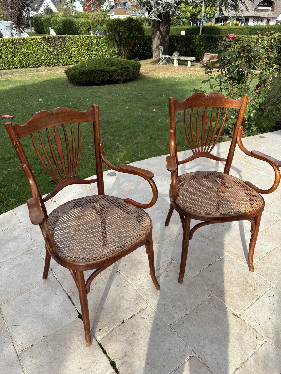 Antique Pair Of Turned-wood Armchairs By Fischel, Austria, Circa 1900, Art Nouveau, Circa Thonet
