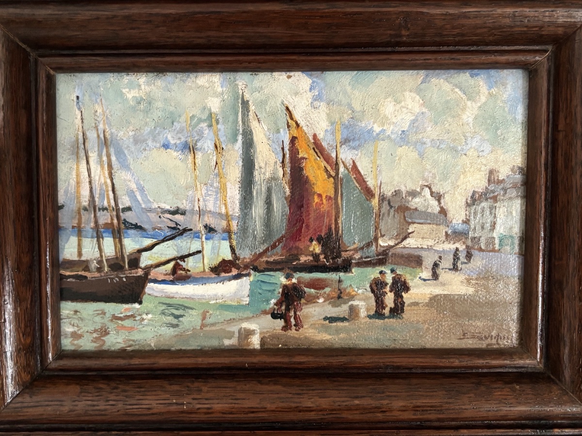 Ancien petit tableau école de Pont Aven  école bretonne par JP Savigny : un port en Bretagne-photo-2