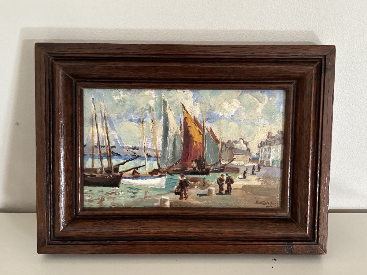 Ancien petit tableau école de Pont Aven  école bretonne par JP Savigny : un port en Bretagne-photo-4