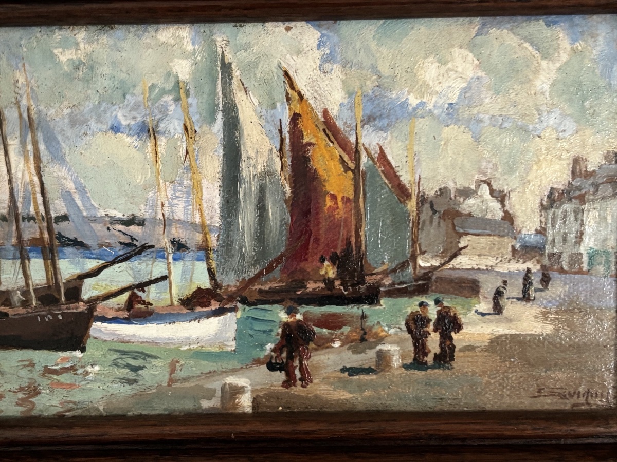 Ancien petit tableau école de Pont Aven  école bretonne par JP Savigny : un port en Bretagne-photo-1