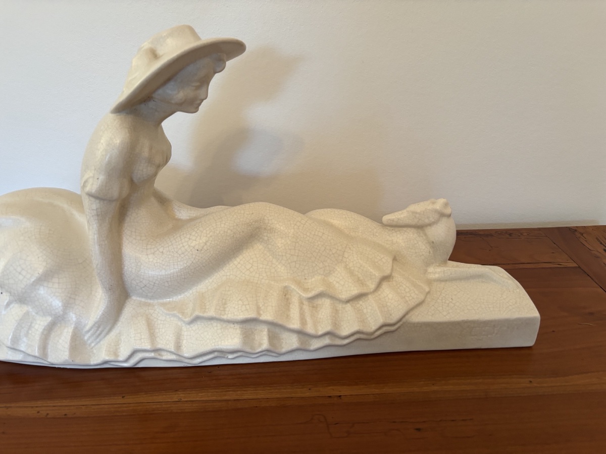 Ancien craquelé art déco signe Lejan vers 1930 statue céramique -photo-2