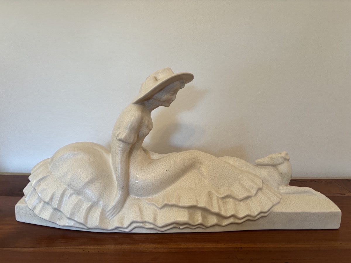 Ancien craquelé art déco signe Lejan vers 1930 statue céramique 