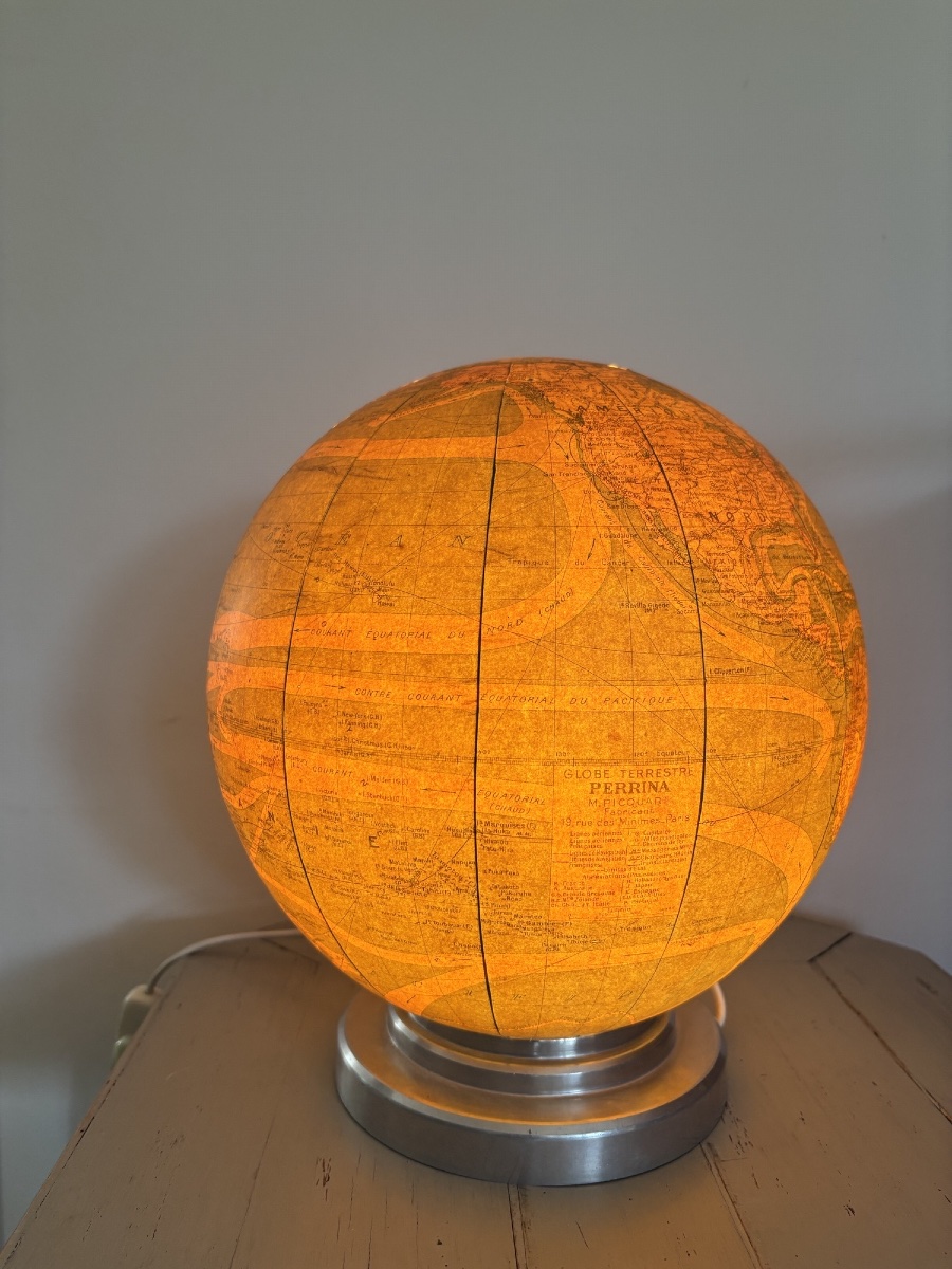 Antique Glass Globe By Perrina, Circa 1940, Illuminated Globe Lamp-photo-3