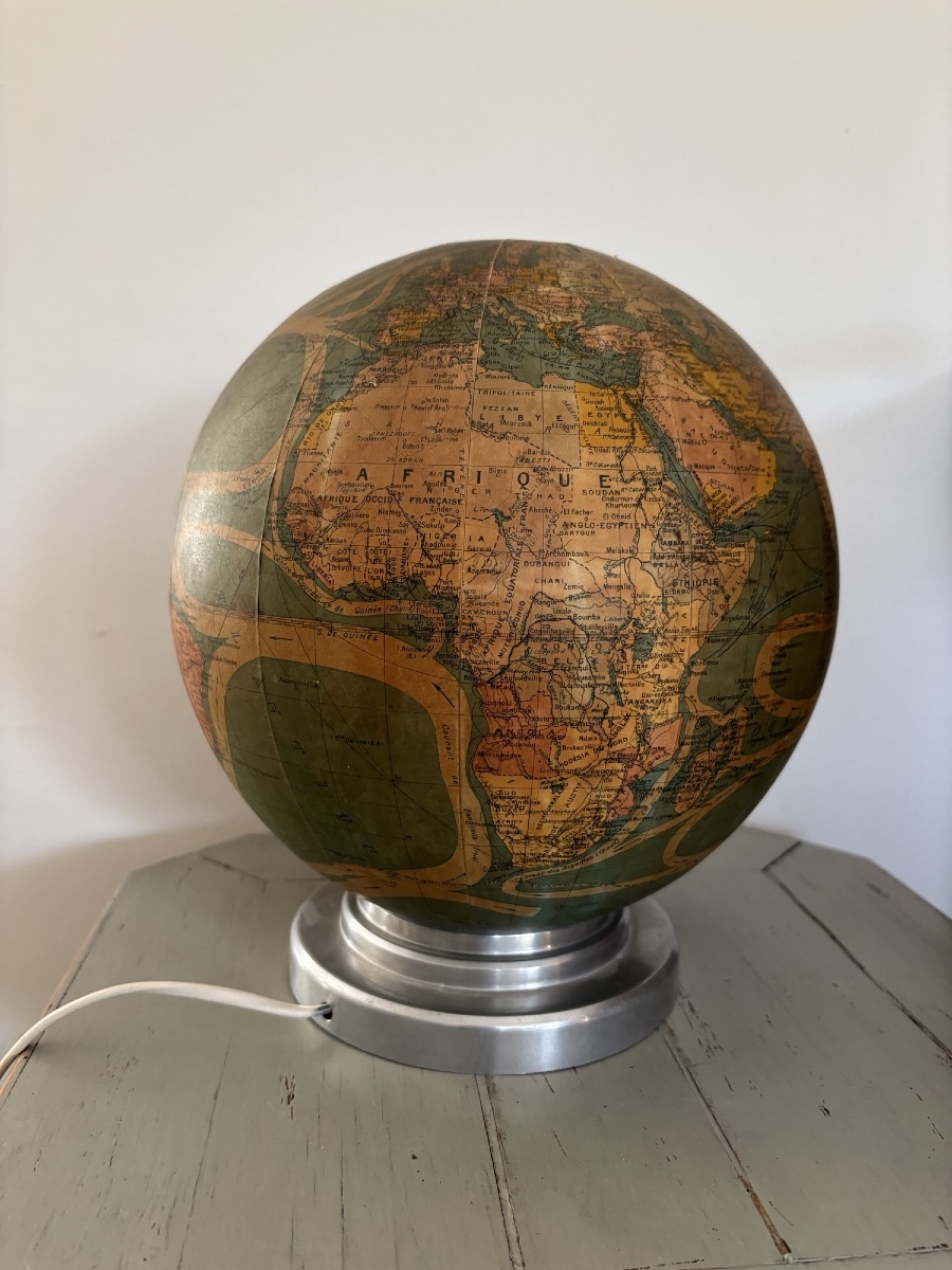 Antique Glass Globe By Perrina, Circa 1940, Illuminated Globe Lamp-photo-2