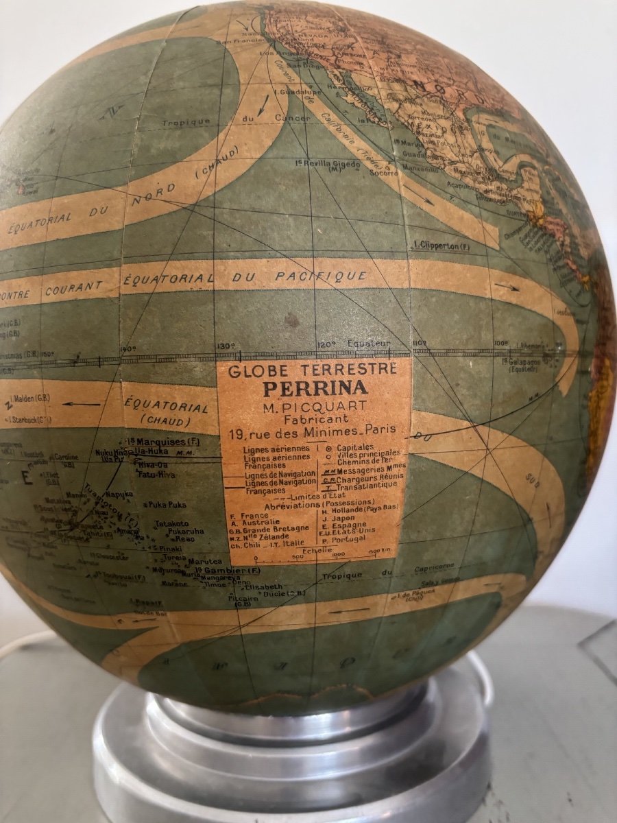 Antique Glass Globe By Perrina, Circa 1940, Illuminated Globe Lamp-photo-3