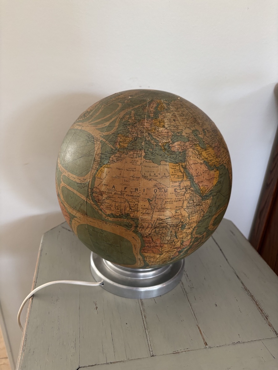 Antique Glass Globe By Perrina, Circa 1940, Illuminated Globe Lamp-photo-5