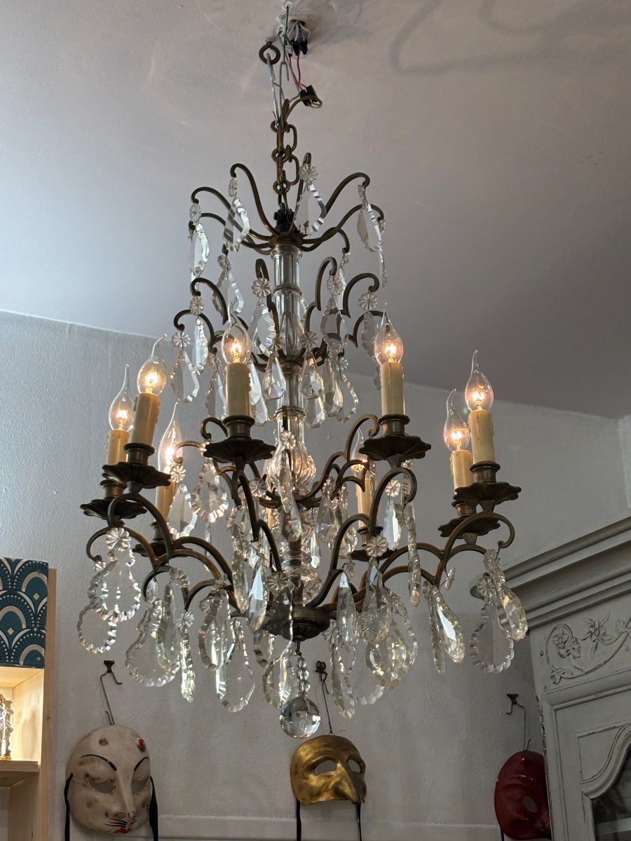 Antique Large Crystal And Bronze Chandelier With 9 Lights, Late 19th Century, With Pendants-photo-3