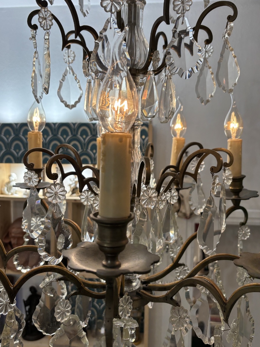 Antique Large Crystal And Bronze Chandelier With 9 Lights, Late 19th Century, With Pendants-photo-2