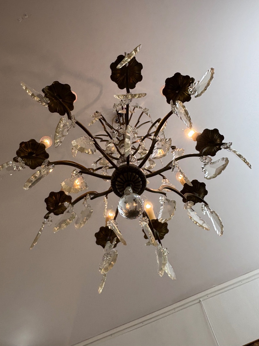 Antique Large Crystal And Bronze Chandelier With 9 Lights, Late 19th Century, With Pendants-photo-6