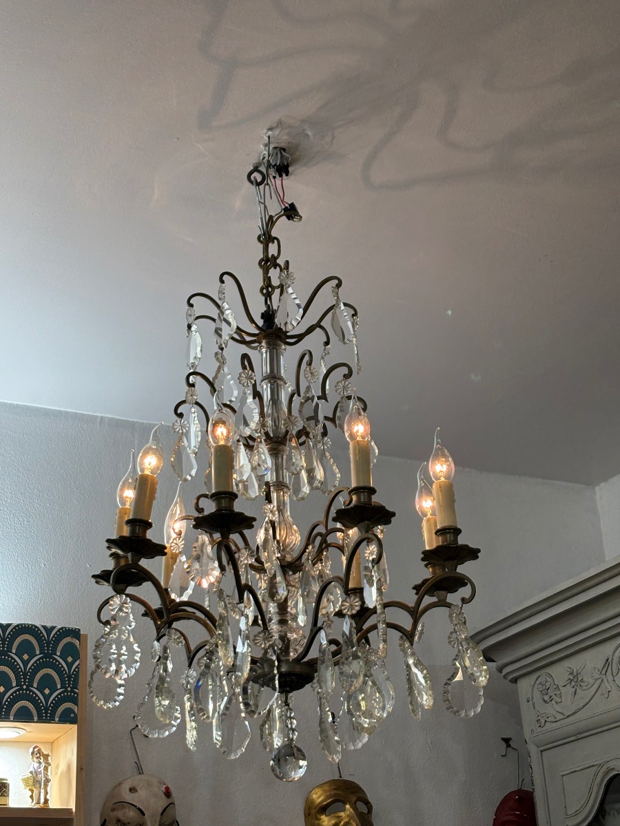 Antique Large Crystal And Bronze Chandelier With 9 Lights, Late 19th Century, With Pendants