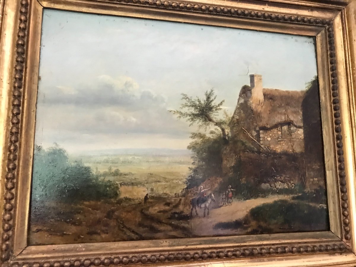 Old Oil On Panel Hsp Panel Of The XIXth Century: The Thatched Cottage By The Road-photo-1