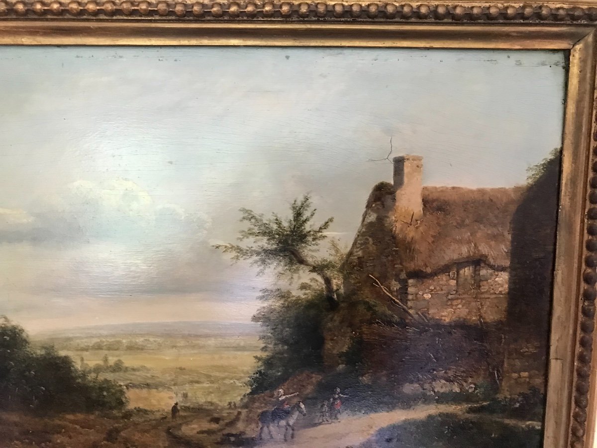 Old Oil On Panel Hsp Panel Of The XIXth Century: The Thatched Cottage By The Road-photo-2