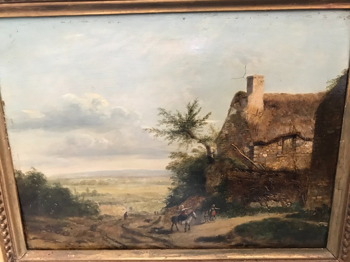 Old Oil On Panel Hsp Panel Of The XIXth Century: The Thatched Cottage By The Road-photo-4