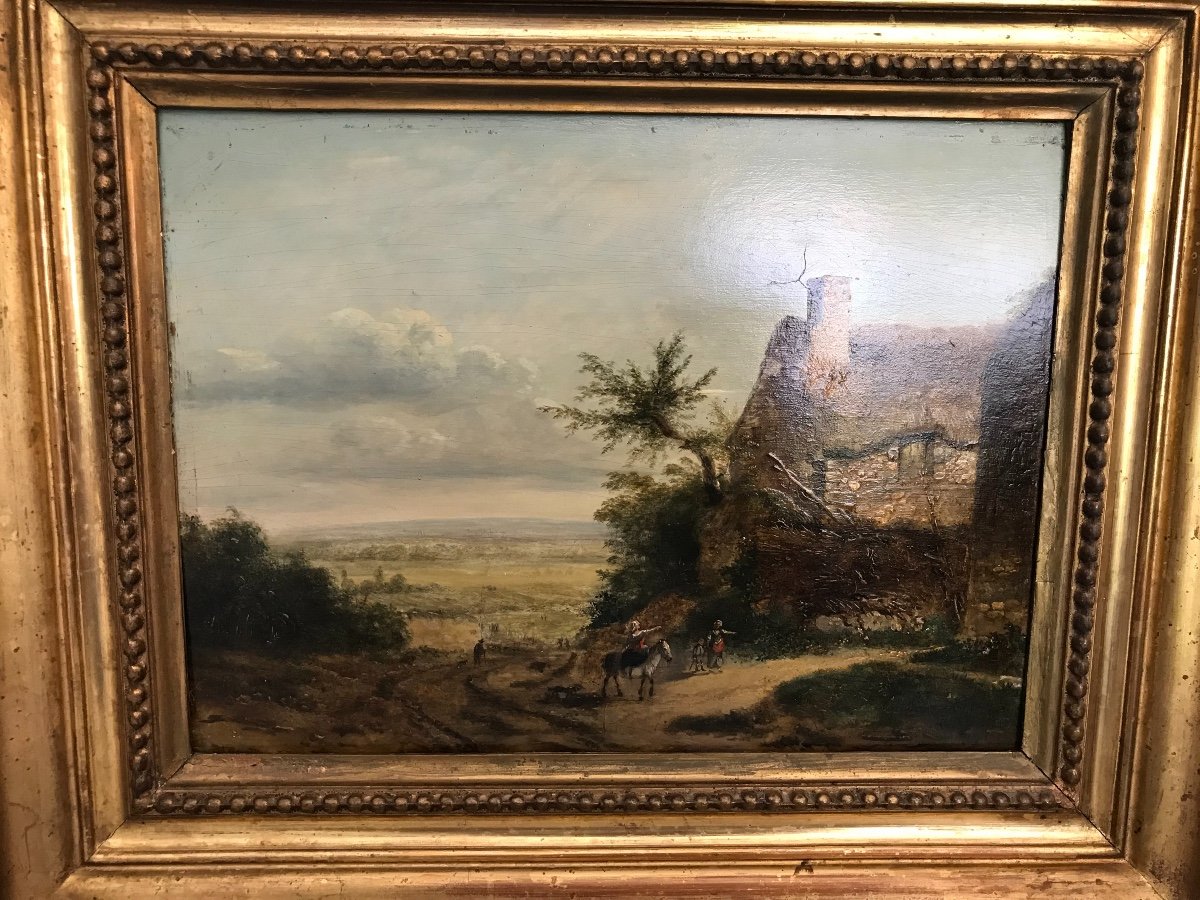 Old Oil On Panel Hsp Panel Of The XIXth Century: The Thatched Cottage By The Road-photo-6