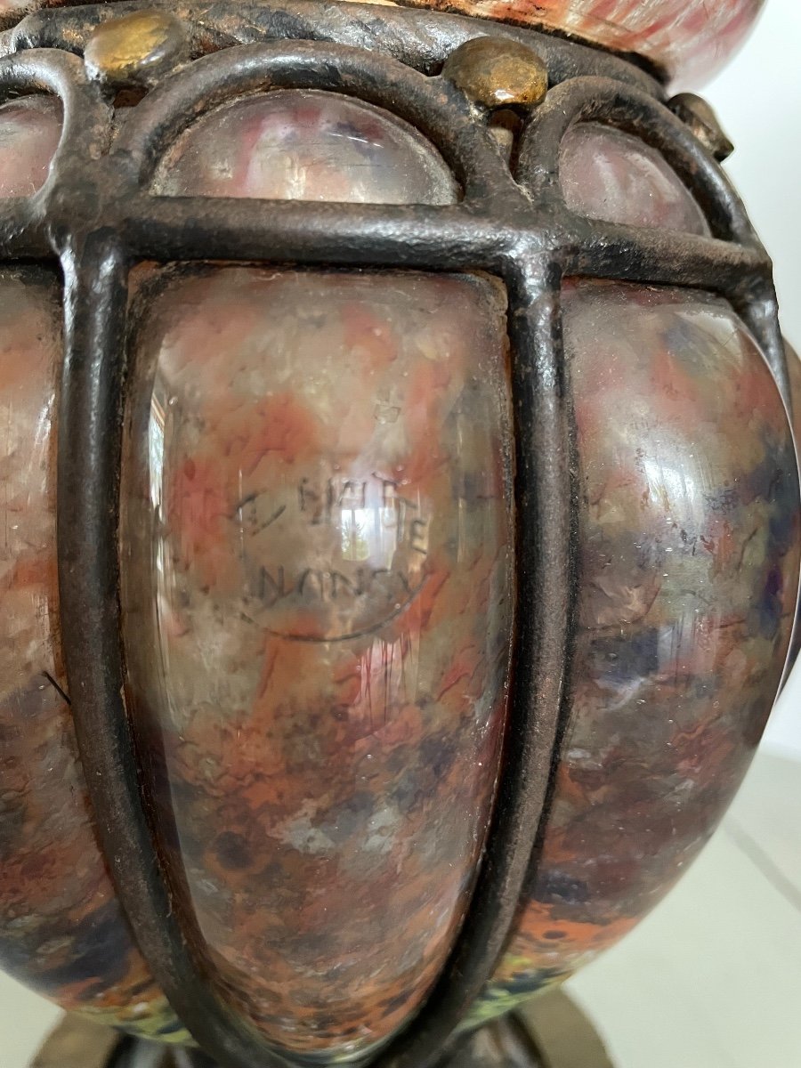 Ancien Vase Art Déco En Verre Soufflé Sur Un Support Fer Forgé Signé Delatte Circa 1930 XX ème -photo-3