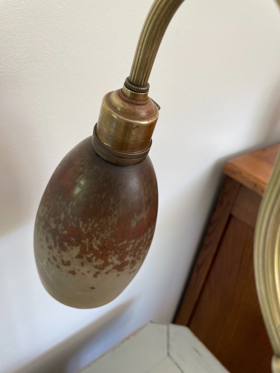 Grand Pied De Lampe De Bureau En Bronze, époque Début XX ème Avec Tulipe Signée Pate De Verre-photo-1