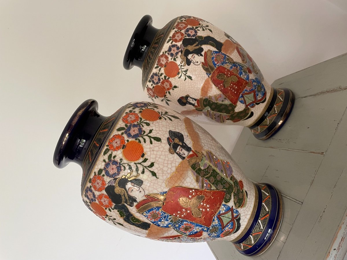 Paire De Vases Anciens porcelaine De Satsuma Bien Décorés Début Du XX Eme Siècle Japon Chinoiserie-photo-3