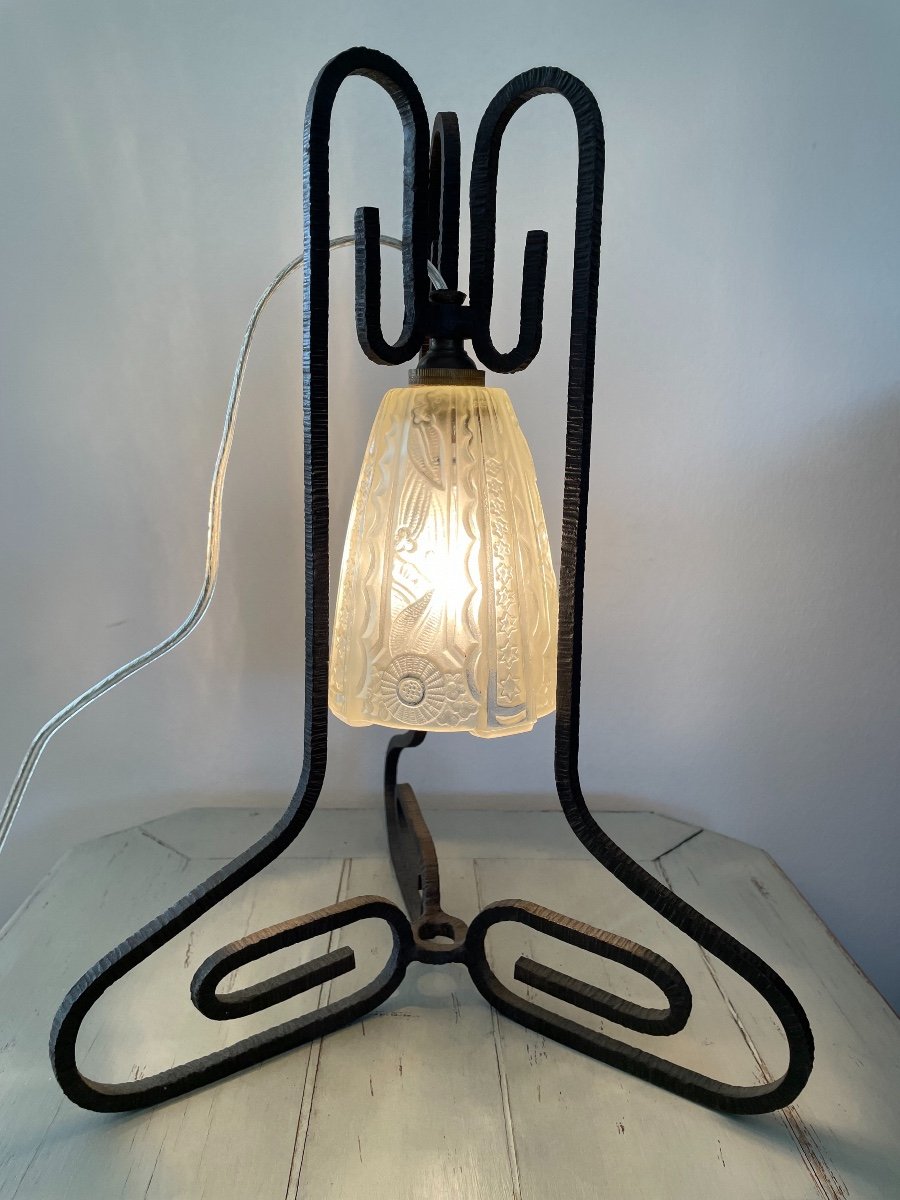 Old Art Deco Wrought Iron Lamp Circa 1930 With Its Molded Pressed Glass Tulip-photo-5
