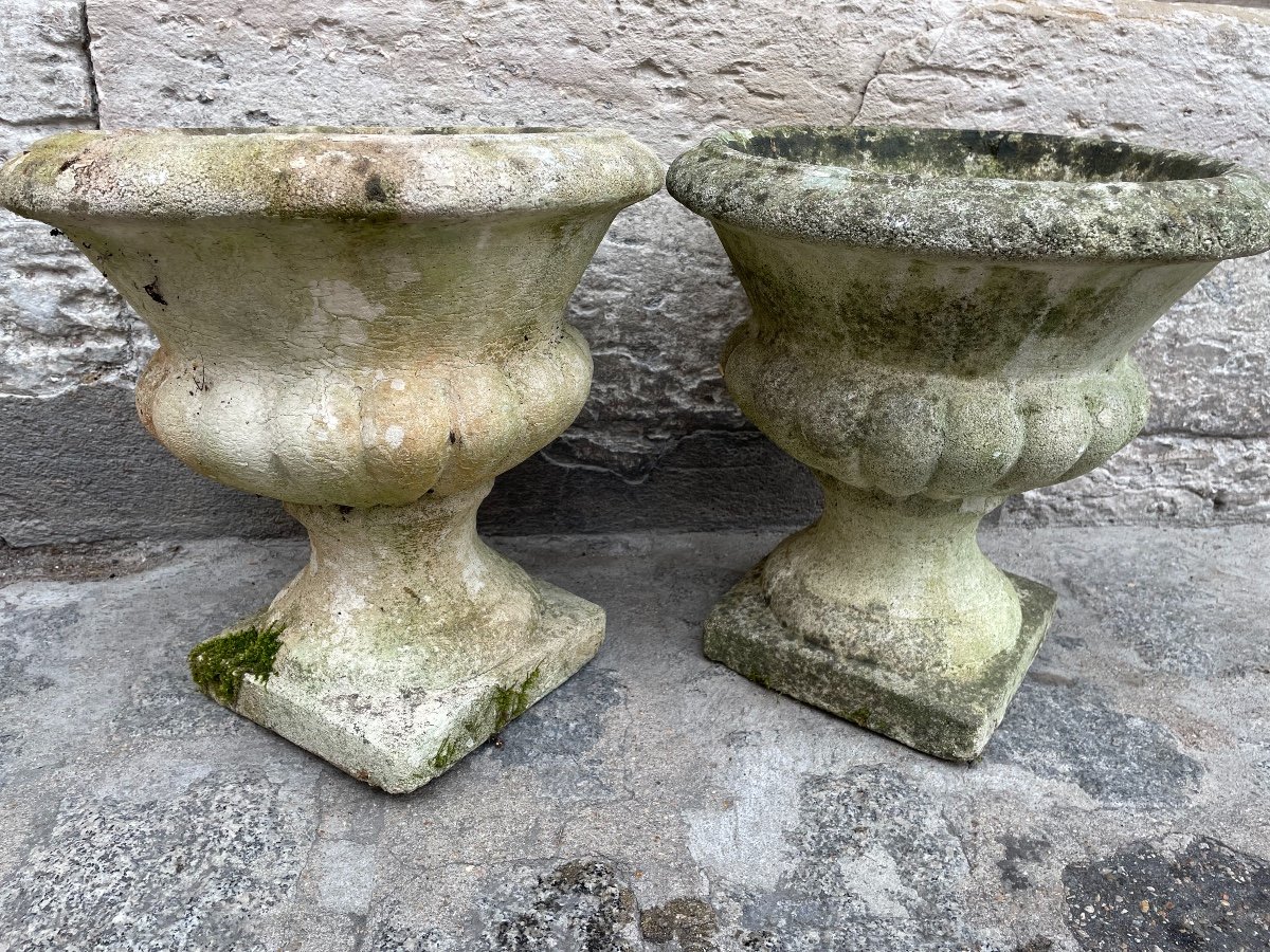 Pair Of Garden Basins In Reconstituted Stone, 20th Century Medici Vases-photo-2