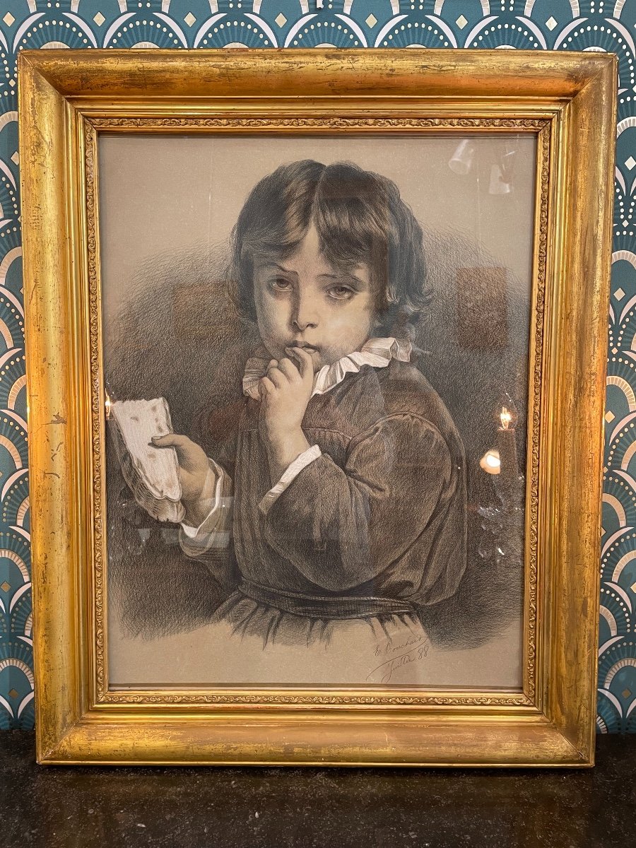 Old Drawing Table: The Child With Tartine. Period XIX Dated And Signed 1888, Beautiful Expression-photo-3