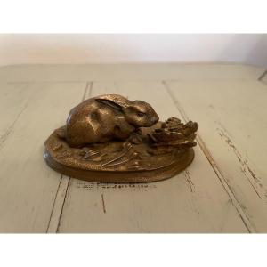 Statue Sujet Petit Bronze Animalier : Le Lapin Et Le Choux épo. XIX  Siècle Collection Vitrine