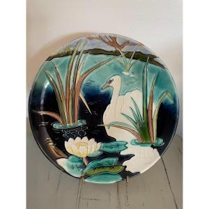 Plate Or Dish In Slip Old Period 1900 Plate With White Swan