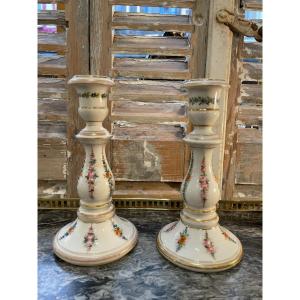 Old Pair Of Paris Porcelain Candlesticks With Old Floral Decor Mid XIX Eme