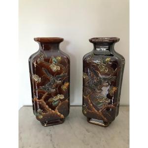 Old And Large Pair Of Old Ceramic Vases In The Taste Of Théodore Deck