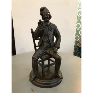 Old Bronze Statue: The Pipe Smoker Signed De Rogron. Period XIXth Century