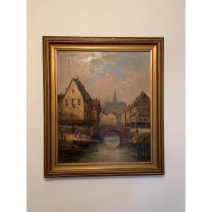 Old Oil Painting On Canvas Port Marine Normandy Or East France, End Of The XIXth Century
