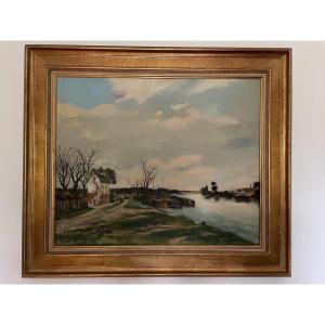 Old And Imposing Marine River Painting Flemish Atmosphere, Oil On Canvas XXth Time