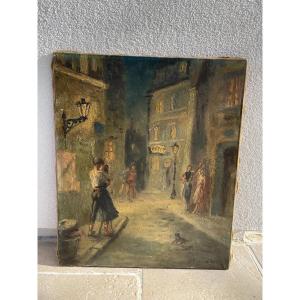 Old Oil Painting On Canvas Hst By Luc Olivier Lesieur, La Rue Malfamée XX Eme