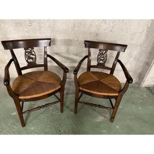 Old Pair Of Straw Armchairs In Carved Wood