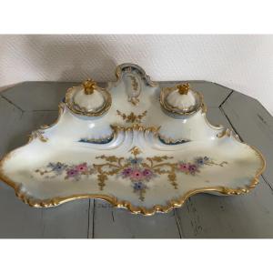 Antique Inkwell In Limoges Porcelain Enhanced With Gold End XIX Eme Century Rocaille