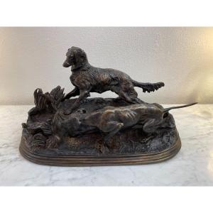 Ancien Bronze Animalier La Chasse à La Perdrix Par Pj Mene Statue Groupe pierre-jules Mêne