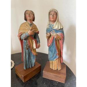 Paire De Statues Bois Polychrome Vierge Et Apôtre Sur Socle Fin XVII Eme Statue Religion 