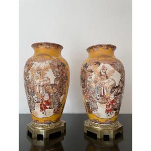 Large Pair Of Vases Gilt Bronze Mount Porcelain Satsuma Japan Circa Meiji Era Old Vase