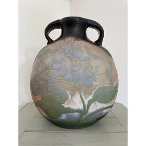 Large Gourd Vase Signed De Gallé Early 20th Century Multi-layer Glass Hydrangea Hortensia