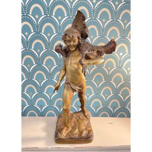 Old Bronze Statue Signed By J Berthet: Child With Turkey Old Gilt Bronze Putti