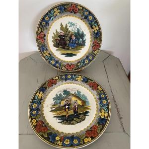 2 Assiettes En Faience Fine Creil Et Montereau Polychrome époque XIX ème Siècle 