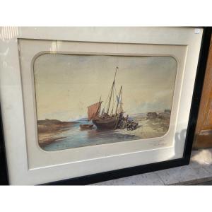 Large Old Marine Painting In Watercolor After Jules Noel, End Of The XIXth Century