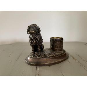 Old Pyrogenic Animal Bronze Inkwell In Silver Bronze: The Poodle And The Drum XIX