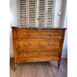 Old And Small Louis XVI Commode Small Size In Walnut End XVIII / Beginning XIX Eme Marble