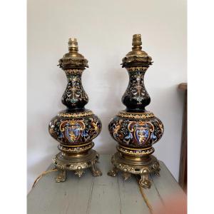 Old And Large Pair Of Lamps In Gien Black Renaissance Decor, Beginning Of The XX Eme Century