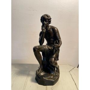 Ancien Statue Bronze Patiné Foncée : Le Penseur Par Carlier Fin Du XIX Eme Siècle