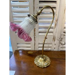 Old Art Nouveau Bronze Lamp With Its Glassware Circa 1920 Floral Theme Early 20th Century