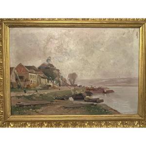 Old Hst Painting Oil On Canvas: The Banks Of The Seine By Galien Laloue Normandy