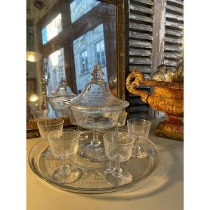 Old Punch Service In Greek Engraved Crystal Bezel, Glasses And Quality Tray