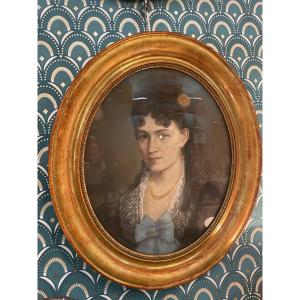 Old Pastel Period XIX Eme Century Portrait Golden Wood Frame: The Woman With The Blue Ribbon Painting