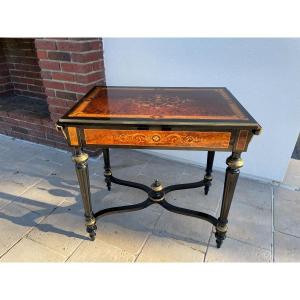 Old Middle Table Living Room Apparat Napoleon III Period Marquetry XIX Century Blackened Wood